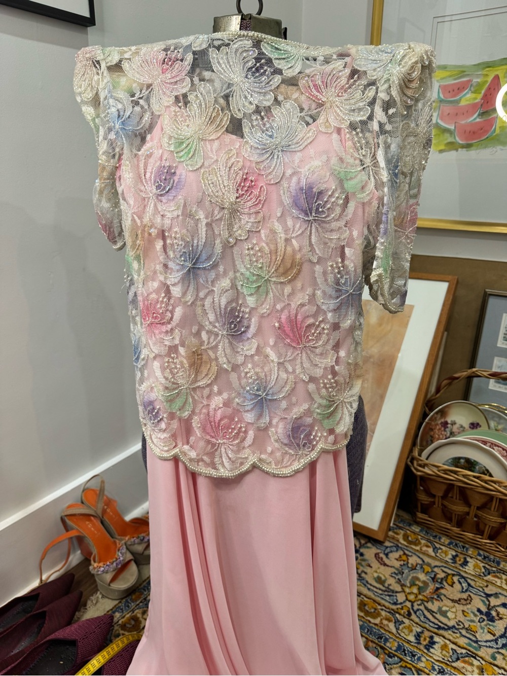 Vintage Scala Pastel Pink and Lavender Beaded Lace/chiffon dress